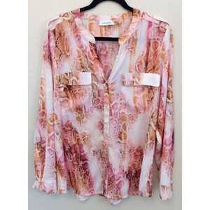 CALVIN KLEIN Pink Snake Print Roll-Tab LG Blouse Soft Girl Flowy Office Siren